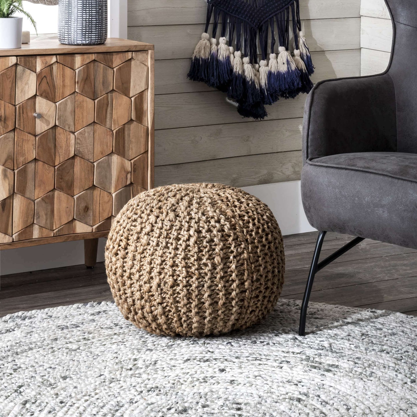 York Classic Knitted Solid Jute Filled Ottoman Pouf: Natural / 14" H x 20" W x 20" D
