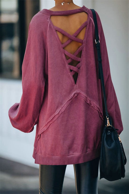 CROSS STRAPS HOLLOW OPEN BACK SWEATSHIRT