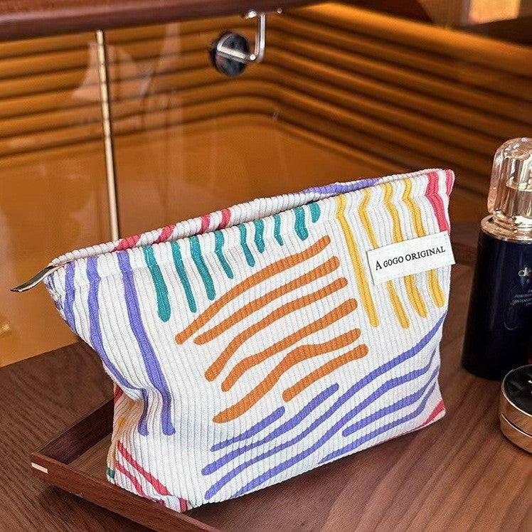 Corduroy Contrast Color Striped Make-up Bag