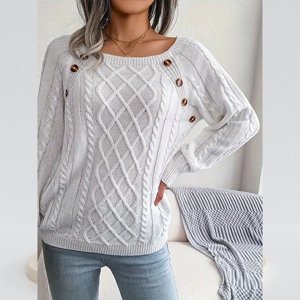 Cable knit preppy button round square top sweater