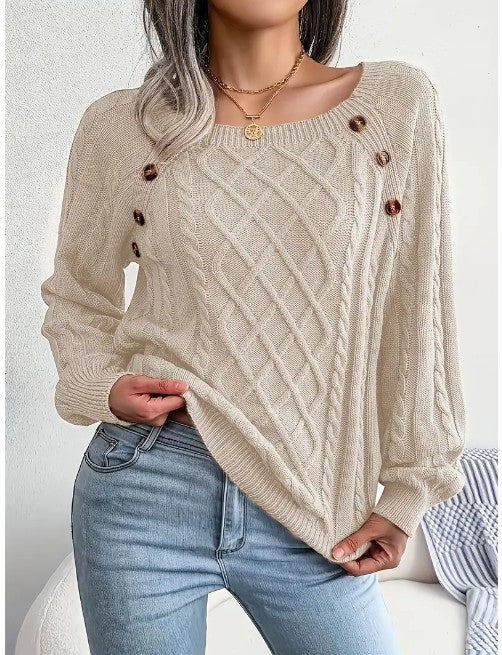 Cable knit preppy button round square top sweater
