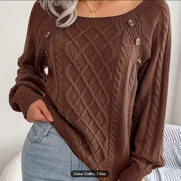 Cable knit preppy button round square top sweater