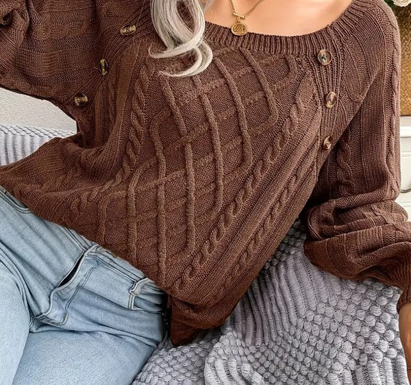 Cable knit preppy button round square top sweater