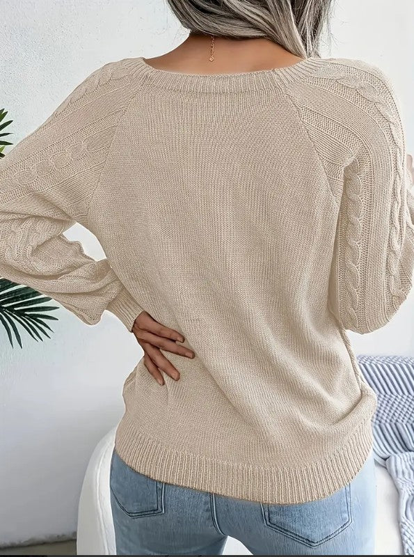 Cable knit preppy button round square top sweater