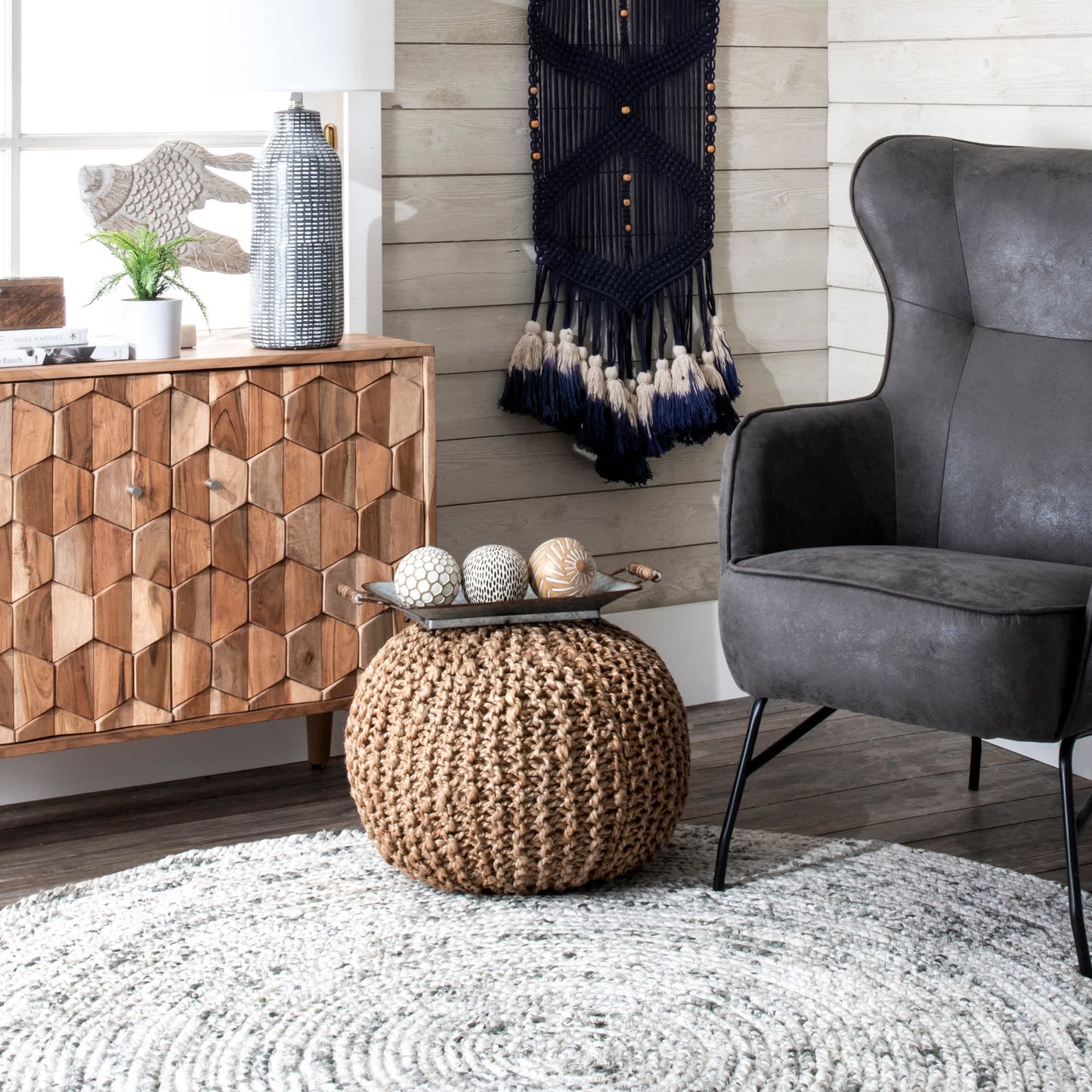York Classic Knitted Solid Jute Filled Ottoman Pouf: Natural / 14" H x 20" W x 20" D