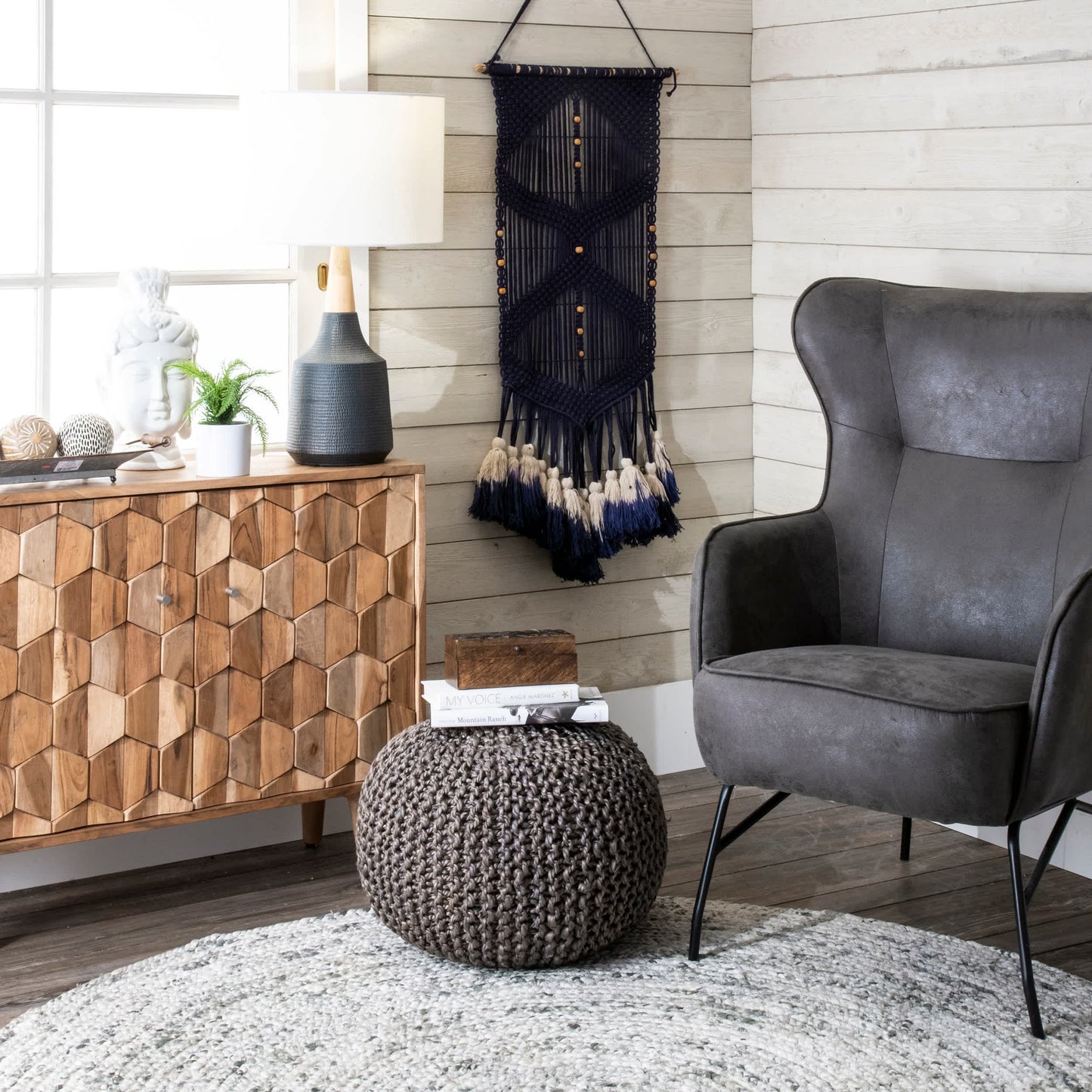 York Classic Knitted Solid Jute Filled Ottoman Pouf: Natural / 14" H x 20" W x 20" D