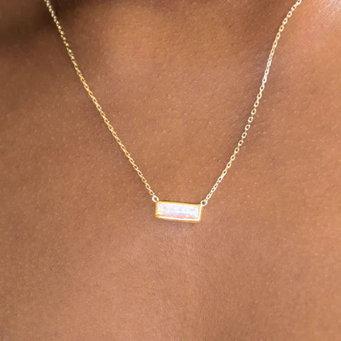 Gold Plated Mini Synthetic Pink Opal Bar Necklace