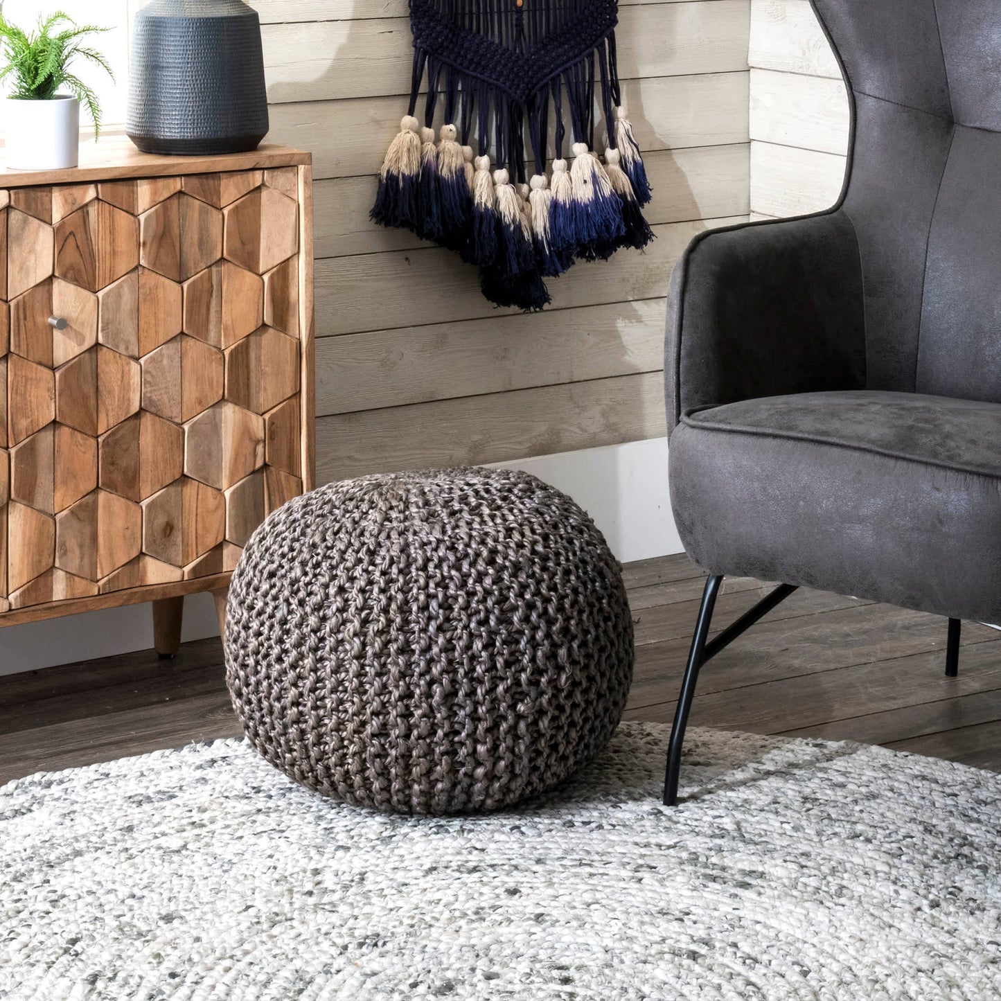 York Classic Knitted Solid Jute Filled Ottoman Pouf: Natural / 14" H x 20" W x 20" D