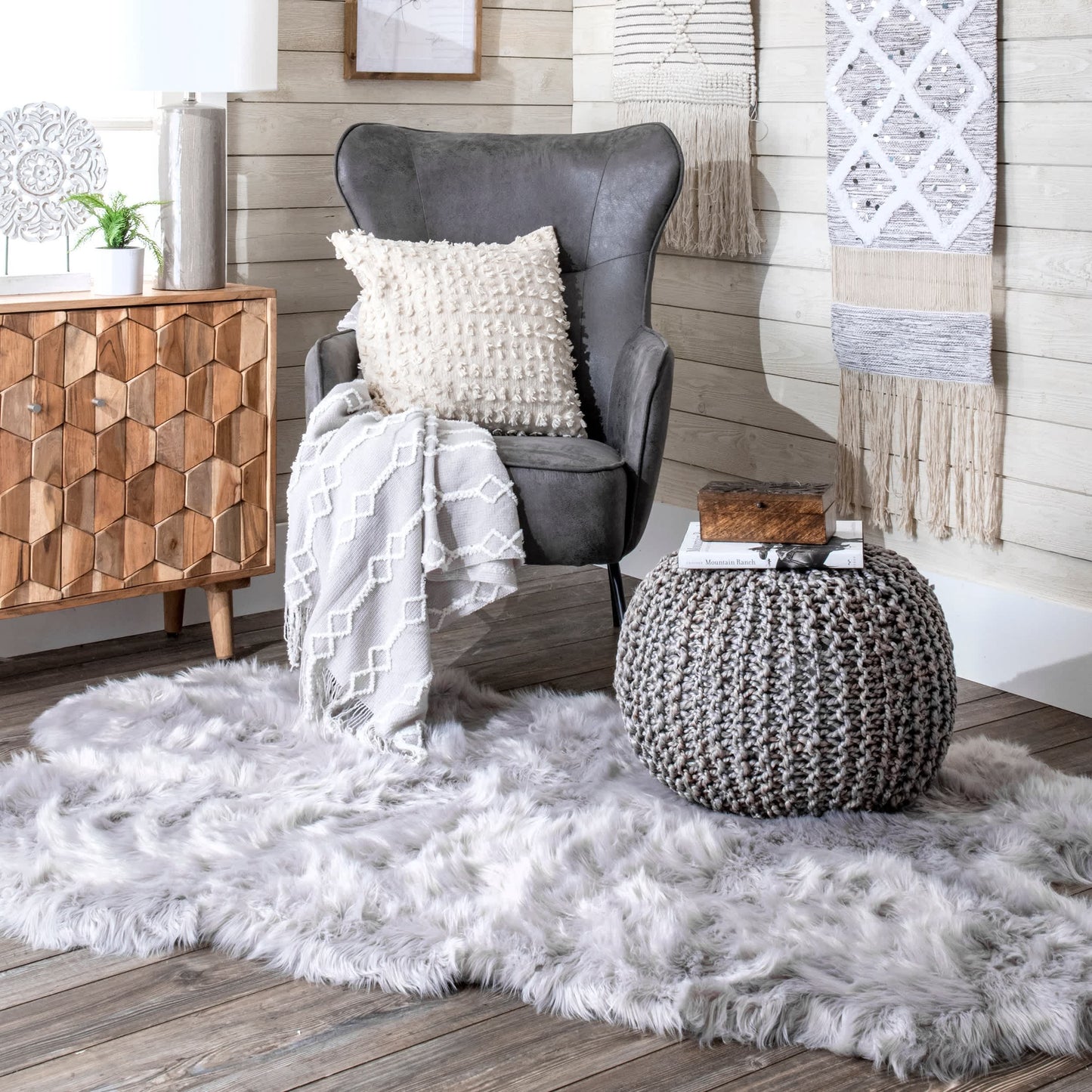 York Classic Knitted Solid Jute Filled Ottoman Pouf: Natural / 14" H x 20" W x 20" D