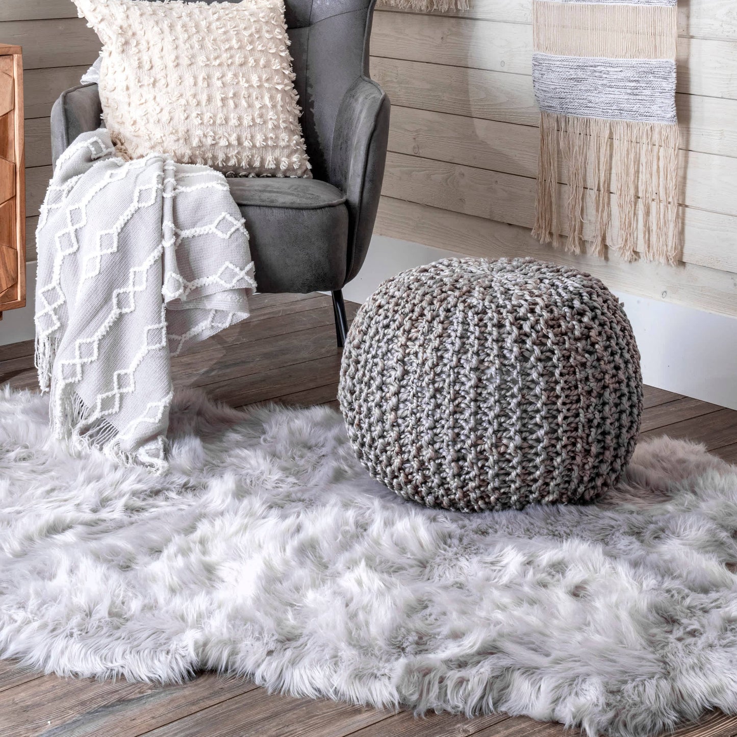 York Classic Knitted Solid Jute Filled Ottoman Pouf: Natural / 14" H x 20" W x 20" D