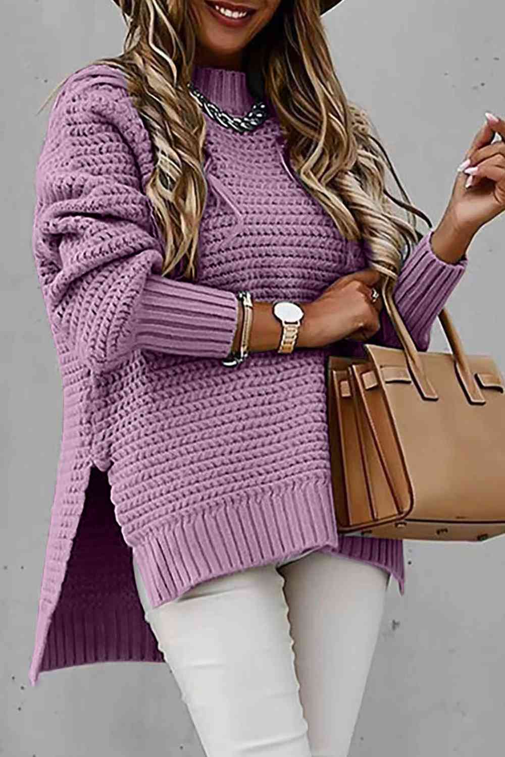 Woman's Round Neck Slit Sweater