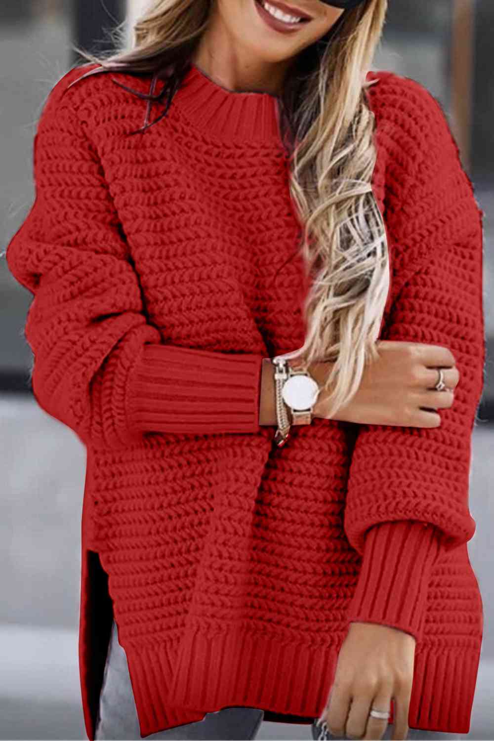 Woman's Round Neck Slit Sweater