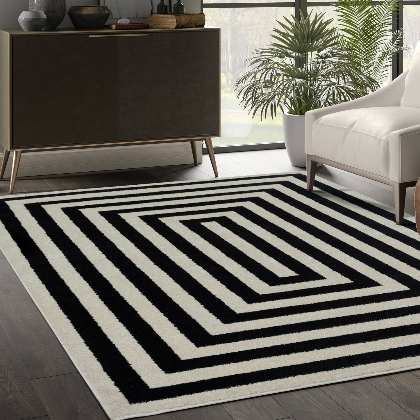 Abani Casa CAS120A -  Contemporary Black & Ivory Rectangular: 4' x 6'