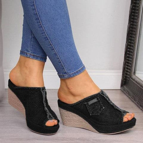 Women's Denim High Heels Wedge Sandals
