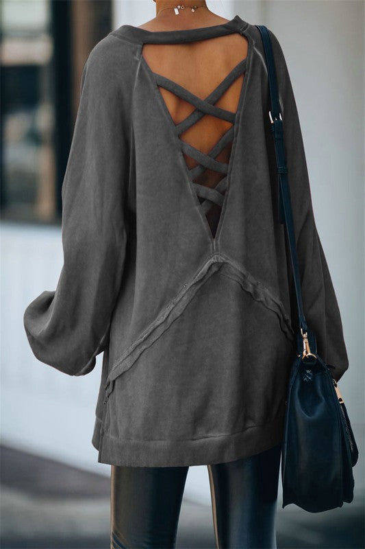 CROSS STRAPS HOLLOW OPEN BACK SWEATSHIRT