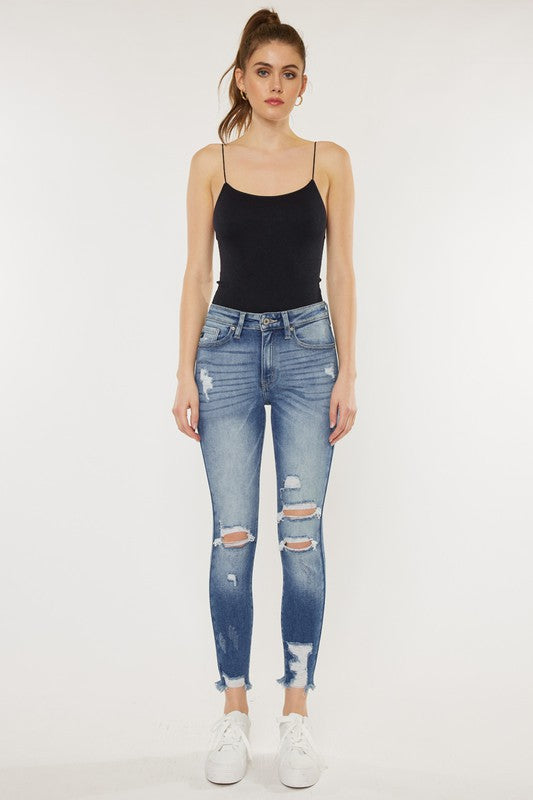 Women's High Rise Fray Hem Ankle Skinny
