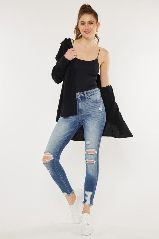 Women's High Rise Fray Hem Ankle Skinny