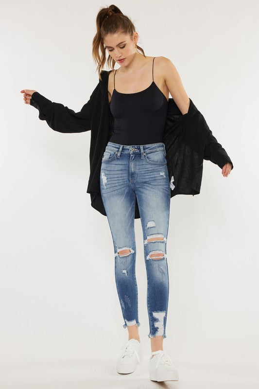 Women's High Rise Fray Hem Ankle Skinny