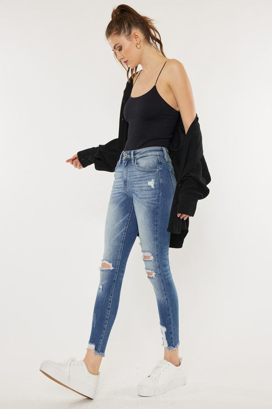 Women's High Rise Fray Hem Ankle Skinny