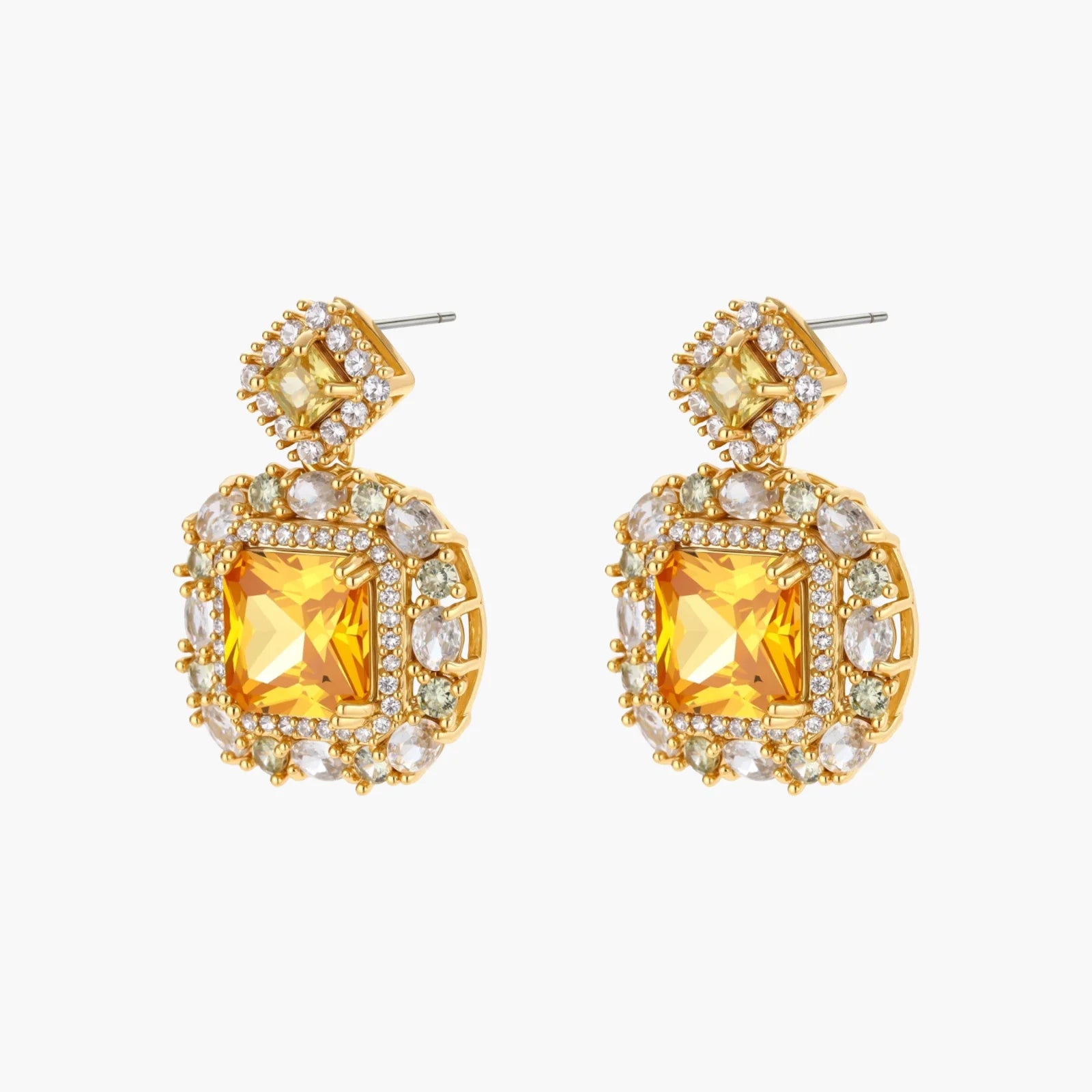 14K gold-plated jewelry set featuring square-cut cubic zirconia stones in ornate layered settings on white background.