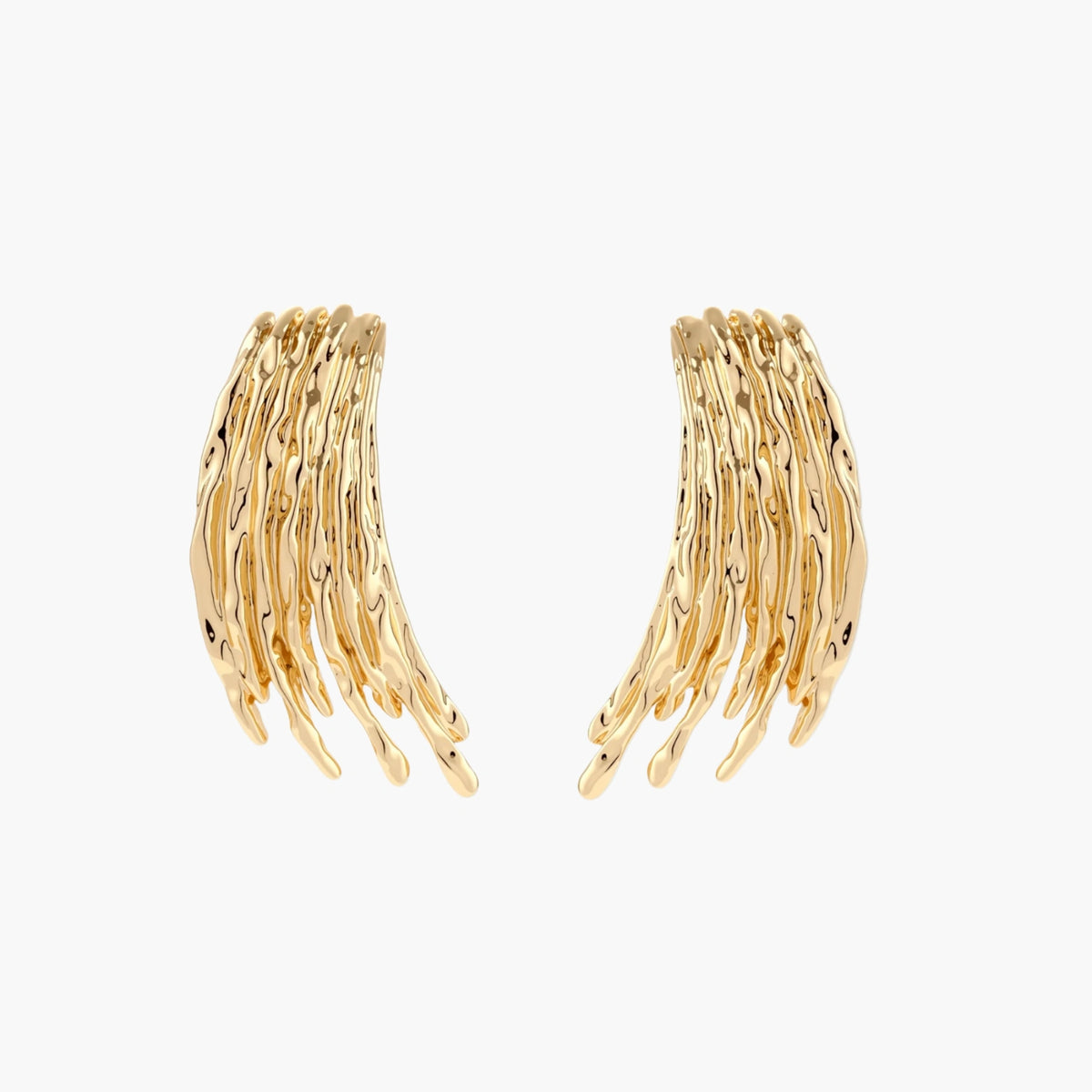 Flowing fringe earrings with cascading curved metal elements in gold tone, showing dimensional movement and sculptural design.