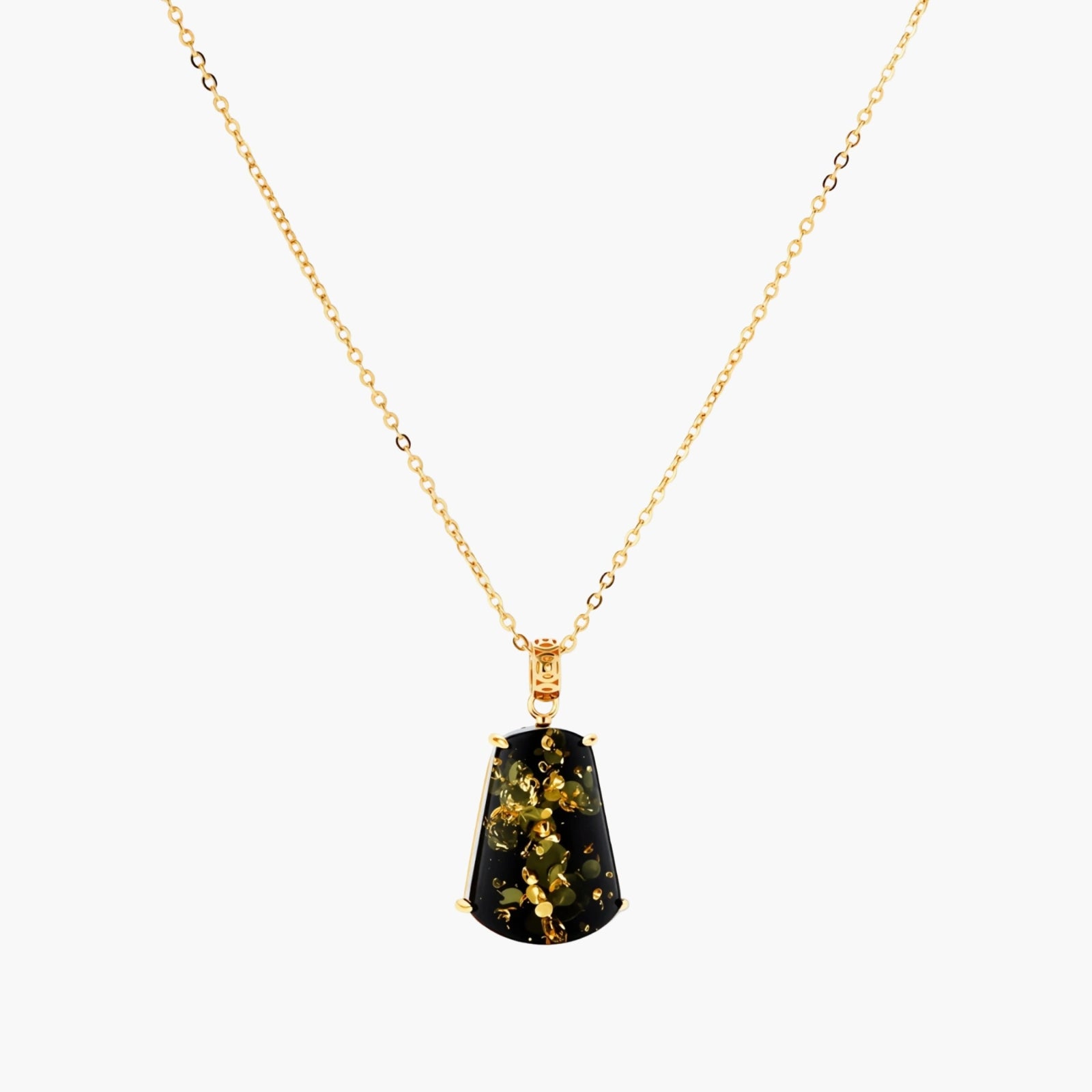 18k gold-plated necklace and earrings with green amber pendants featuring golden inclusions on cream background