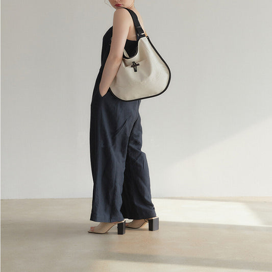 Contrast Color Texture Drawstring Tote Large Capacity Canvas Stitching Leather Simple Bag