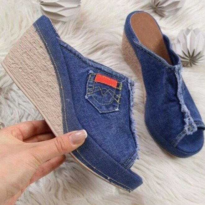 Women's Denim High Heels Wedge Sandals