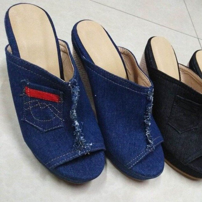 Women's Denim High Heels Wedge Sandals