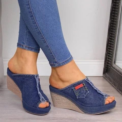 Women's Denim High Heels Wedge Sandals