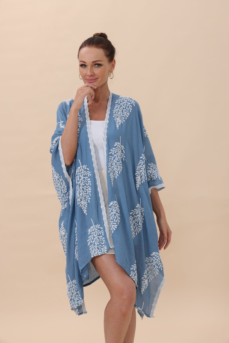 Botanical Leaf Embroidered Kimono Cardigan