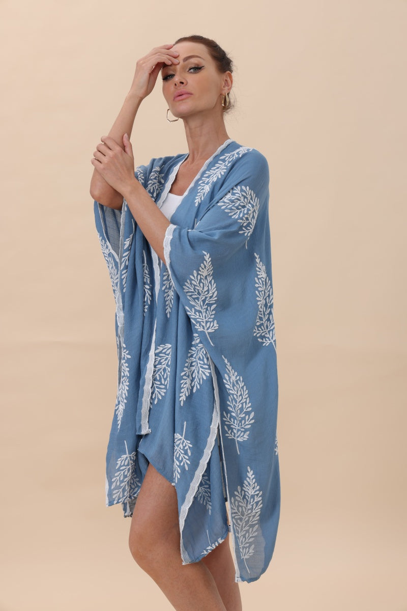 Botanical Leaf Embroidered Kimono Cardigan
