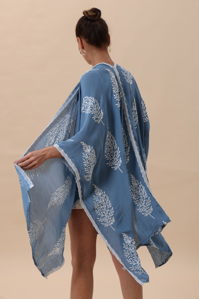 Botanical Leaf Embroidered Kimono Cardigan