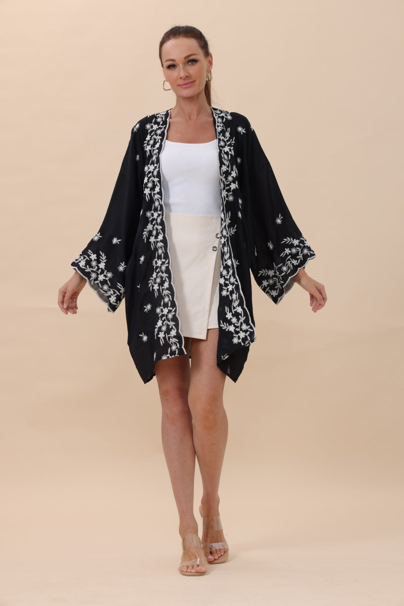Floral Embroidered Open Front Kimono Cardigan – Lightweight