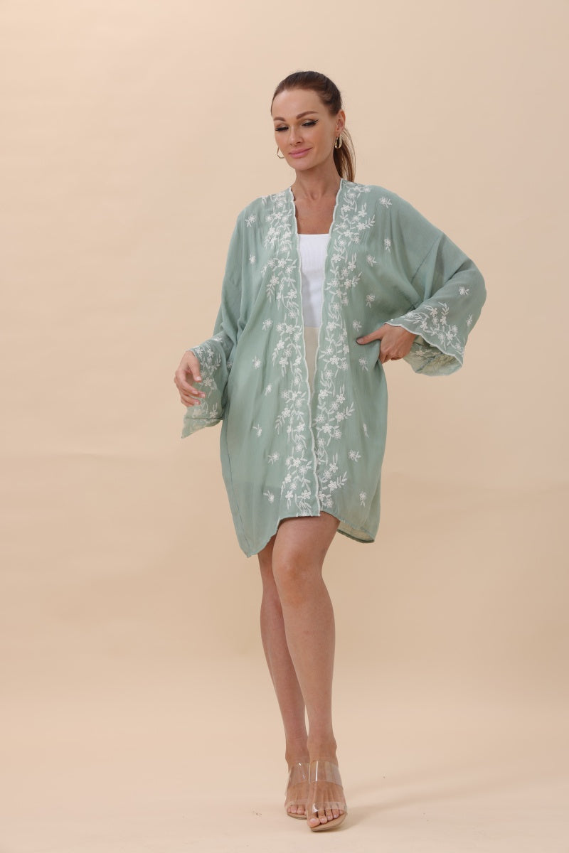 Floral Embroidered Open Front Kimono Cardigan – Lightweight