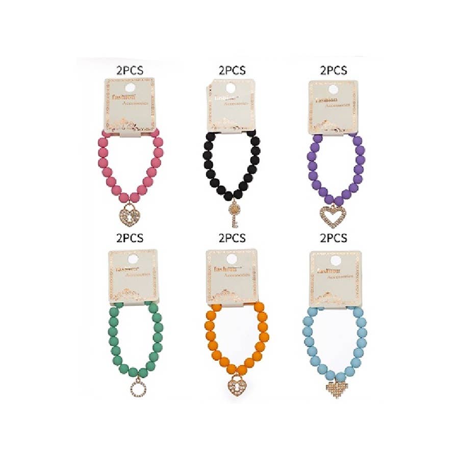 Matte Heart and Key Charm Beaded Bracelets: MIX COLOR / ONE