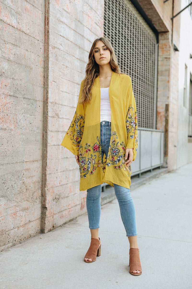 Breathable long floral mustard cardigan wrap for all-day comfort.