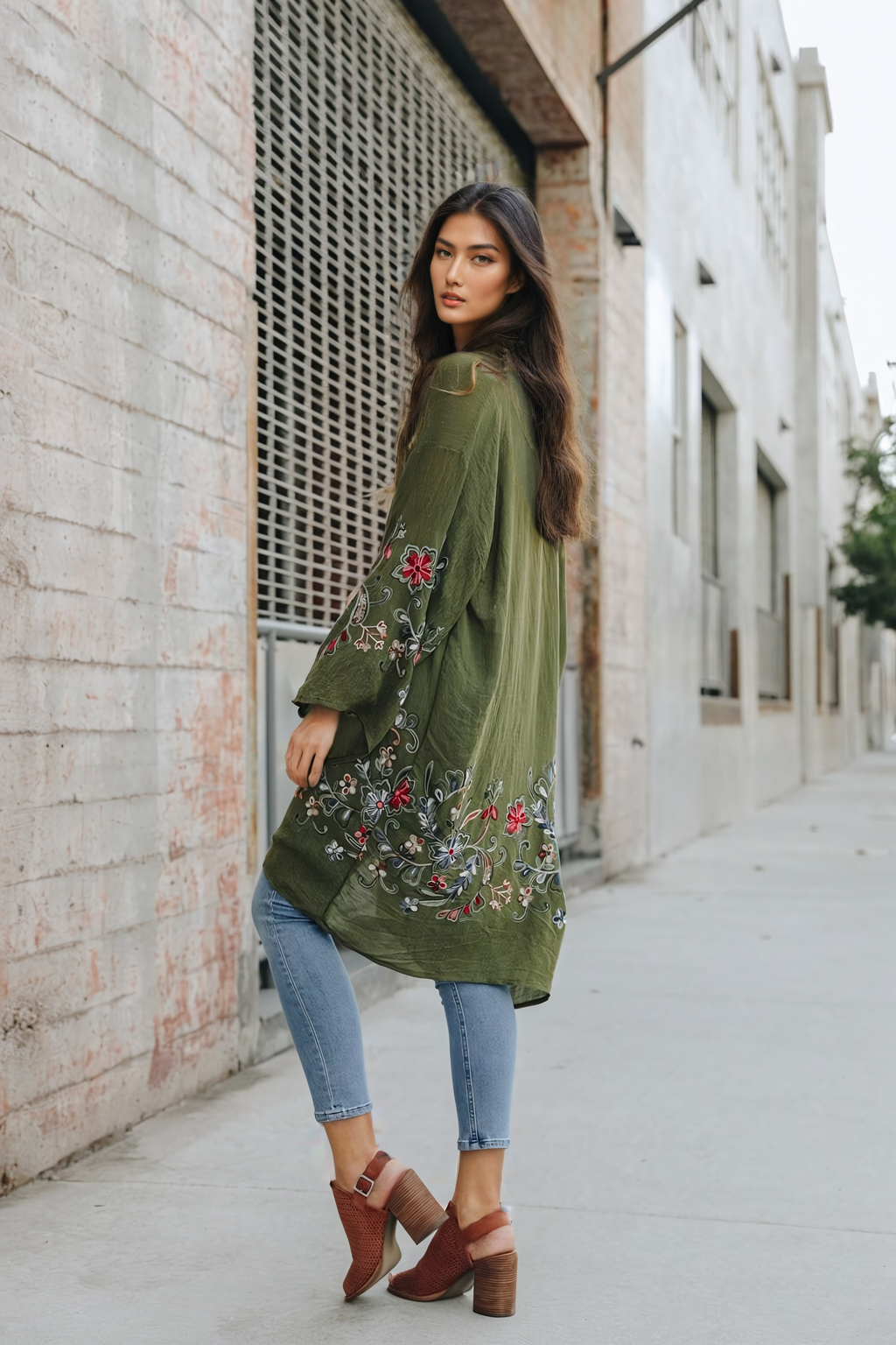 Chic long olive floral cardigan with timeless style.