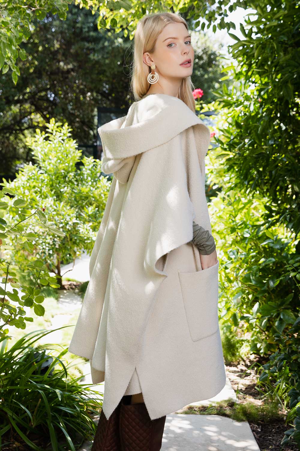 Cozy Plush Solid Color Hooded Ruana Ponchos One Size / Ecru