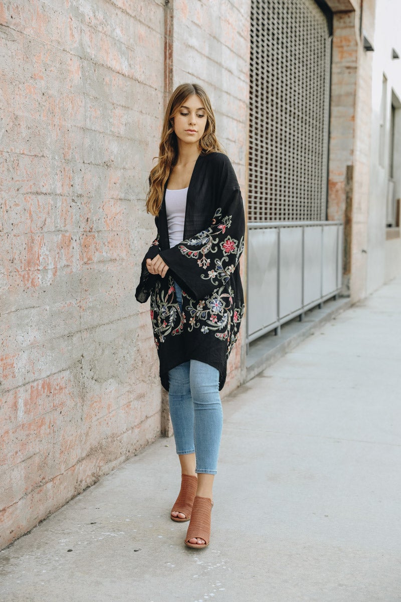 Elegant floral black kimono cardigan for comfortable layering.