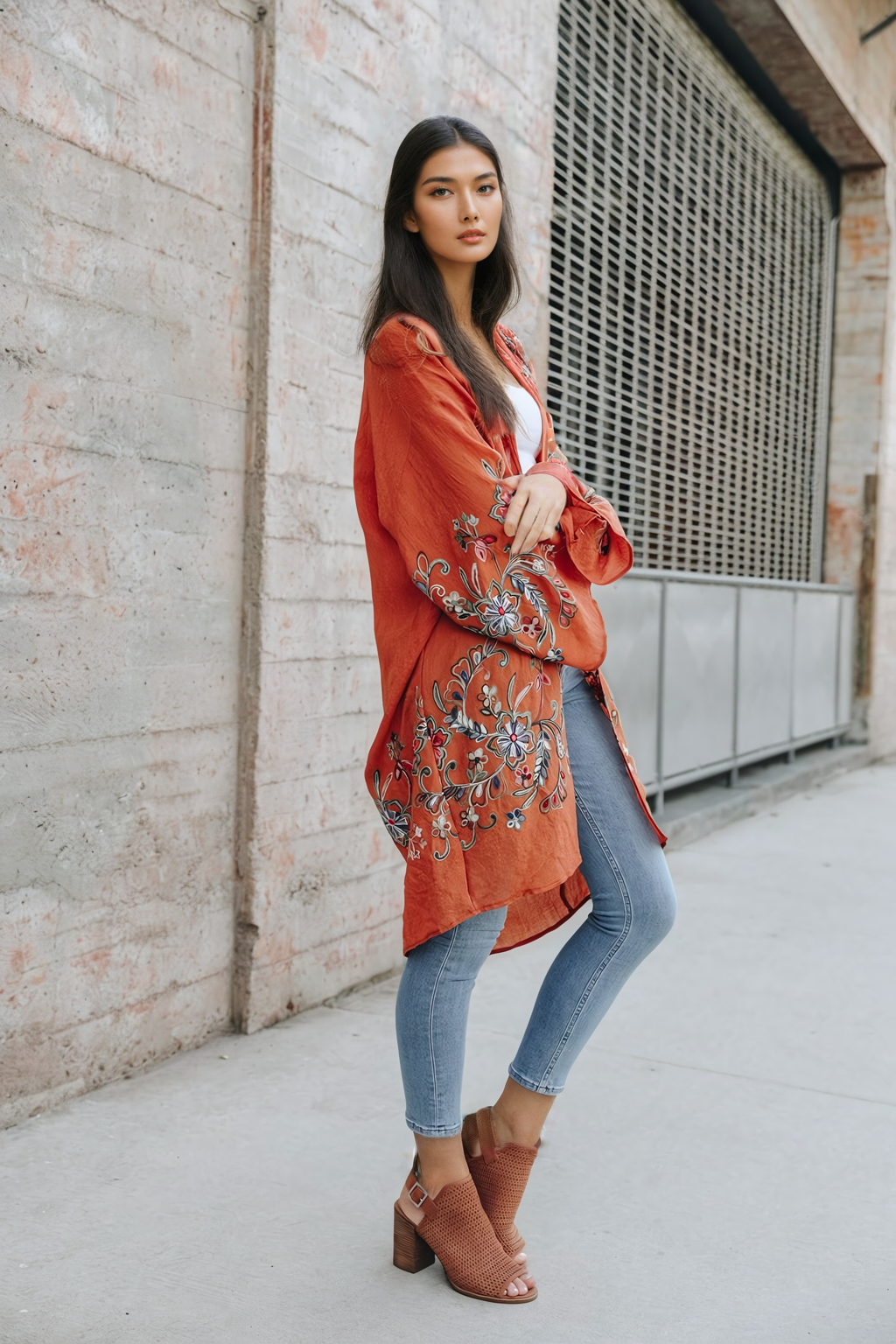 Elegant long rust floral cardigan for casual and formal outfits.