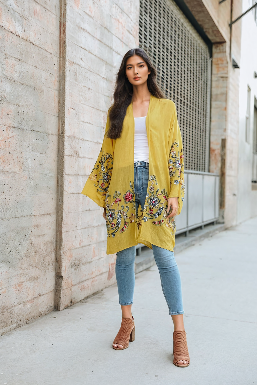 Lightweight and stylish mustard floral kimono cardigan wrap.