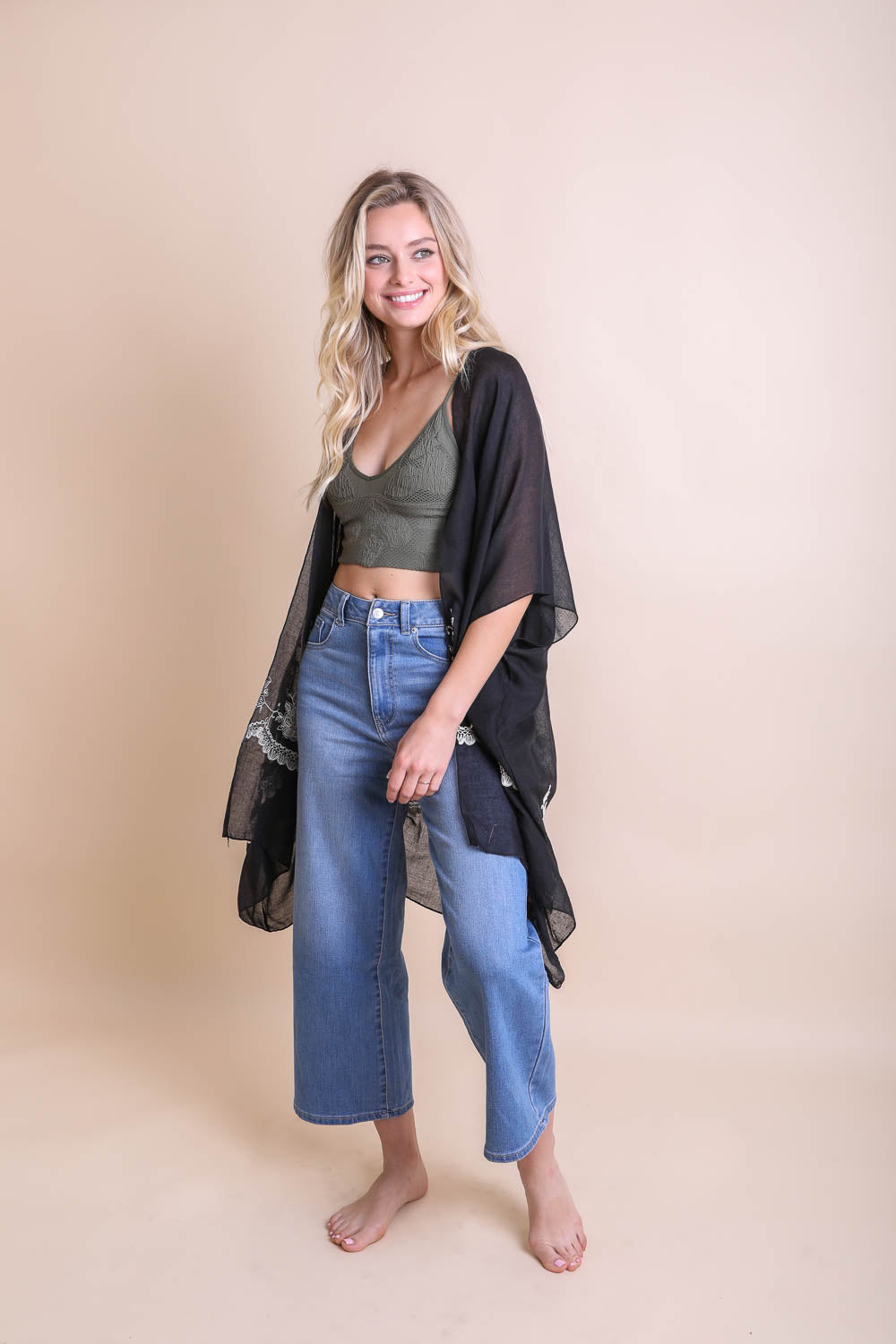 Lightweight floral stitch black kimono designed for all-day comfort.