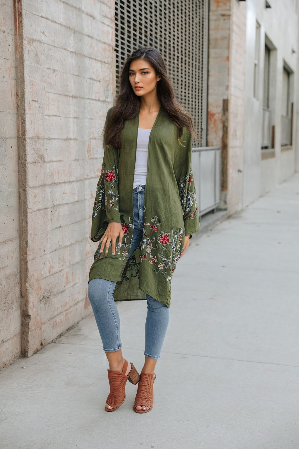 Lightweight olive floral kimono cardigan for all-day comfort.