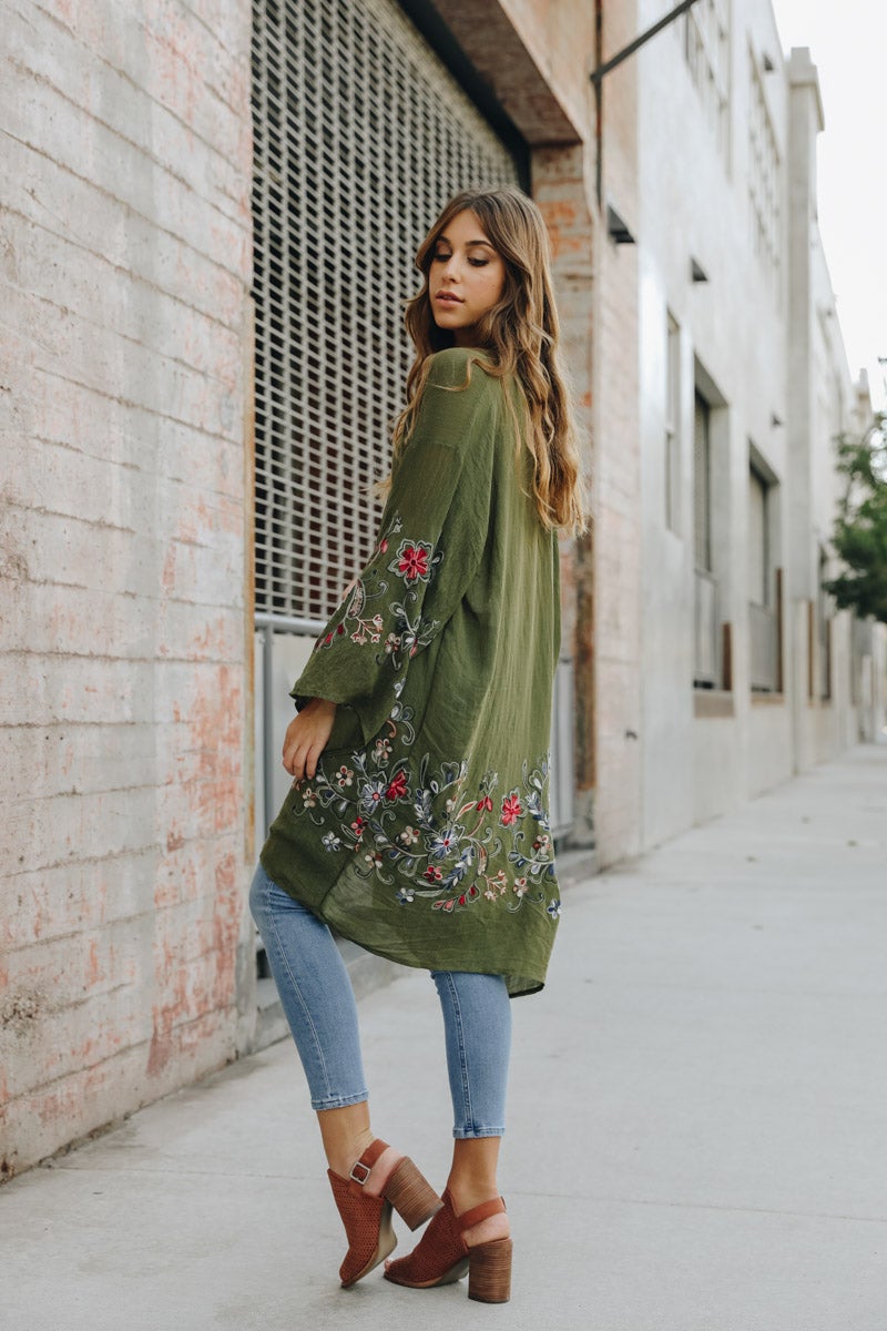 Lightweight olive floral kimono cardigan with breathable fabric.