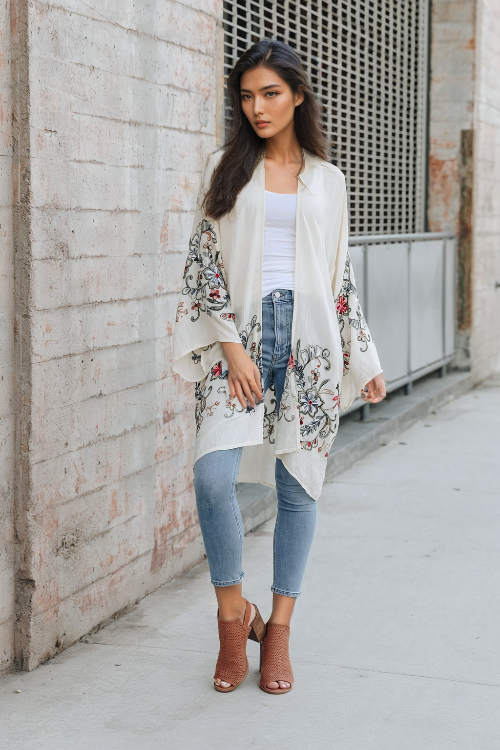 Long cream floral kimono cardigan with lightweight design.