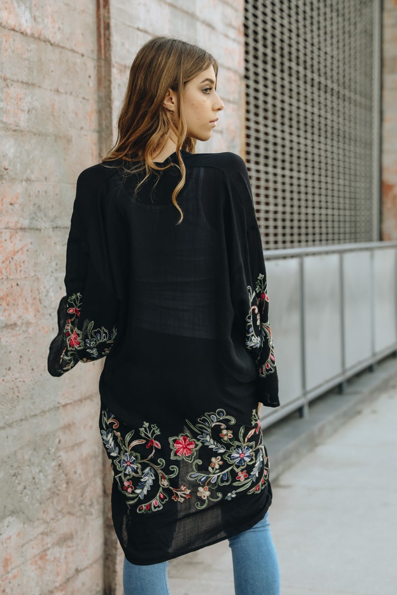 Long floral black kimono cardigan suitable for casual and formal wear.
