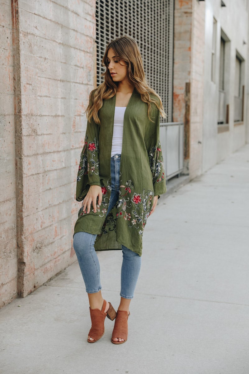 Open-front long olive floral cardigan for casual and formal looks.