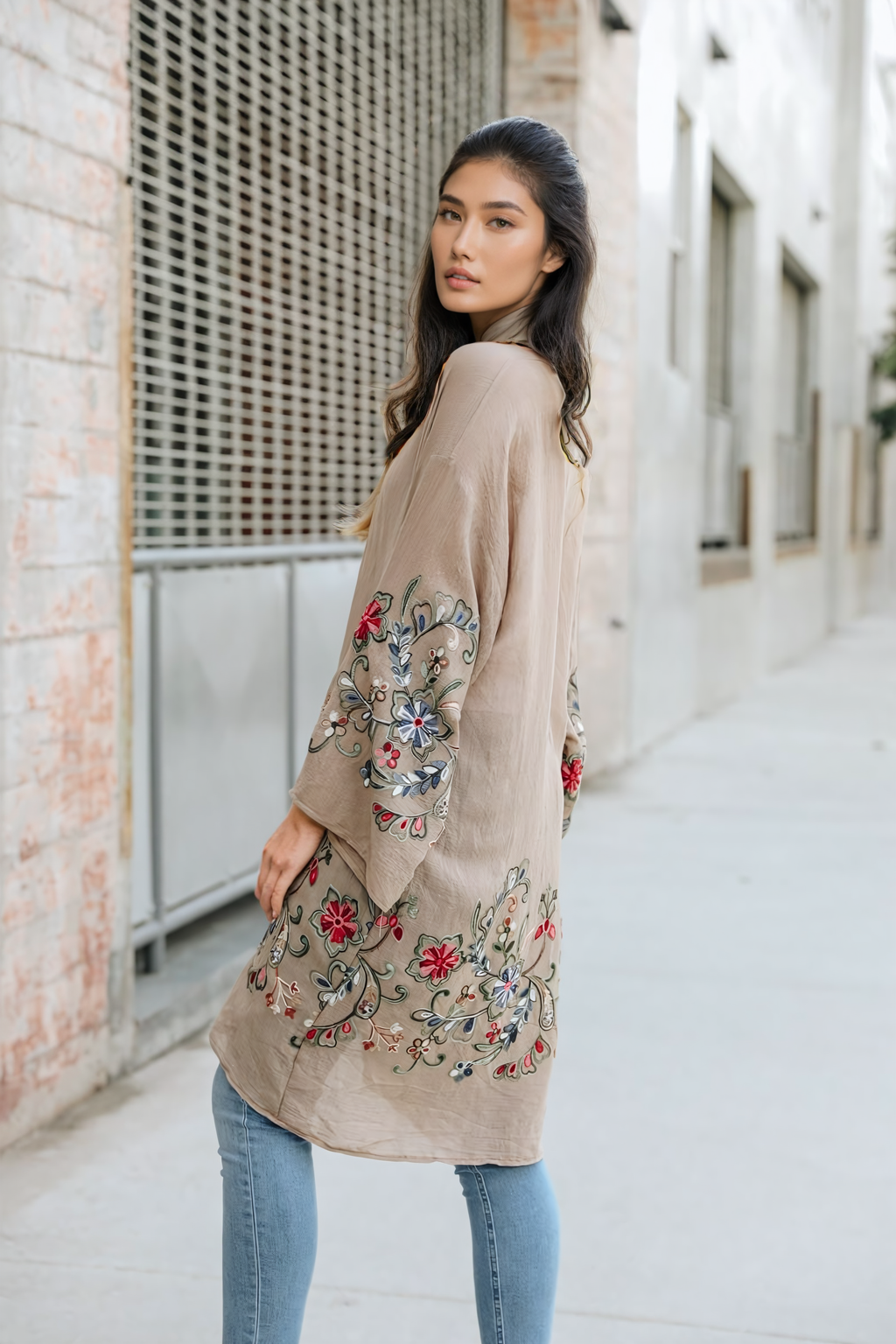 Open-front mocha floral kimono cardigan with intricate print.