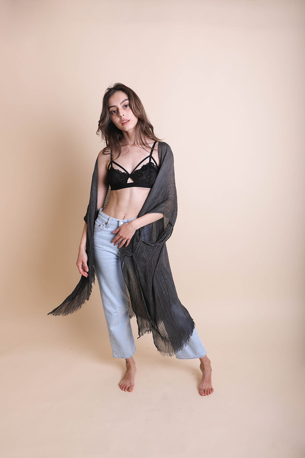 Pencil Stripe Lurex Trim Kimono Kimonos